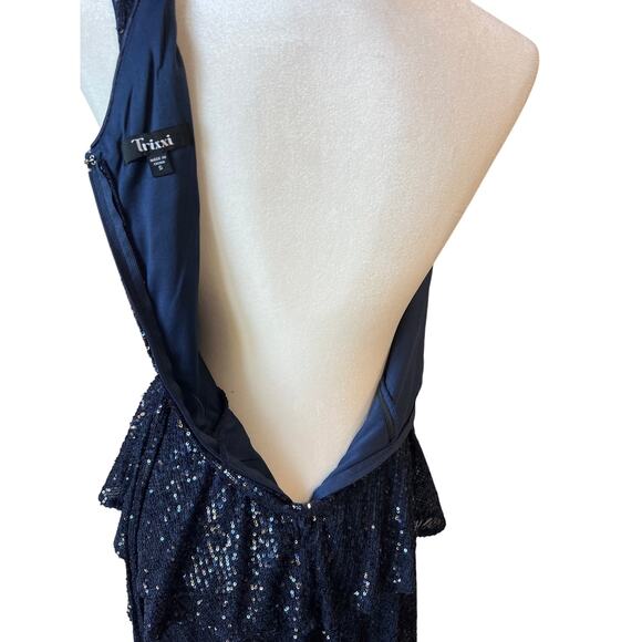 Trixxi Sequined One-Shoulder Tiered Navy Mini Dress Junior Size S Glam Dance - Picture 5 of 10
